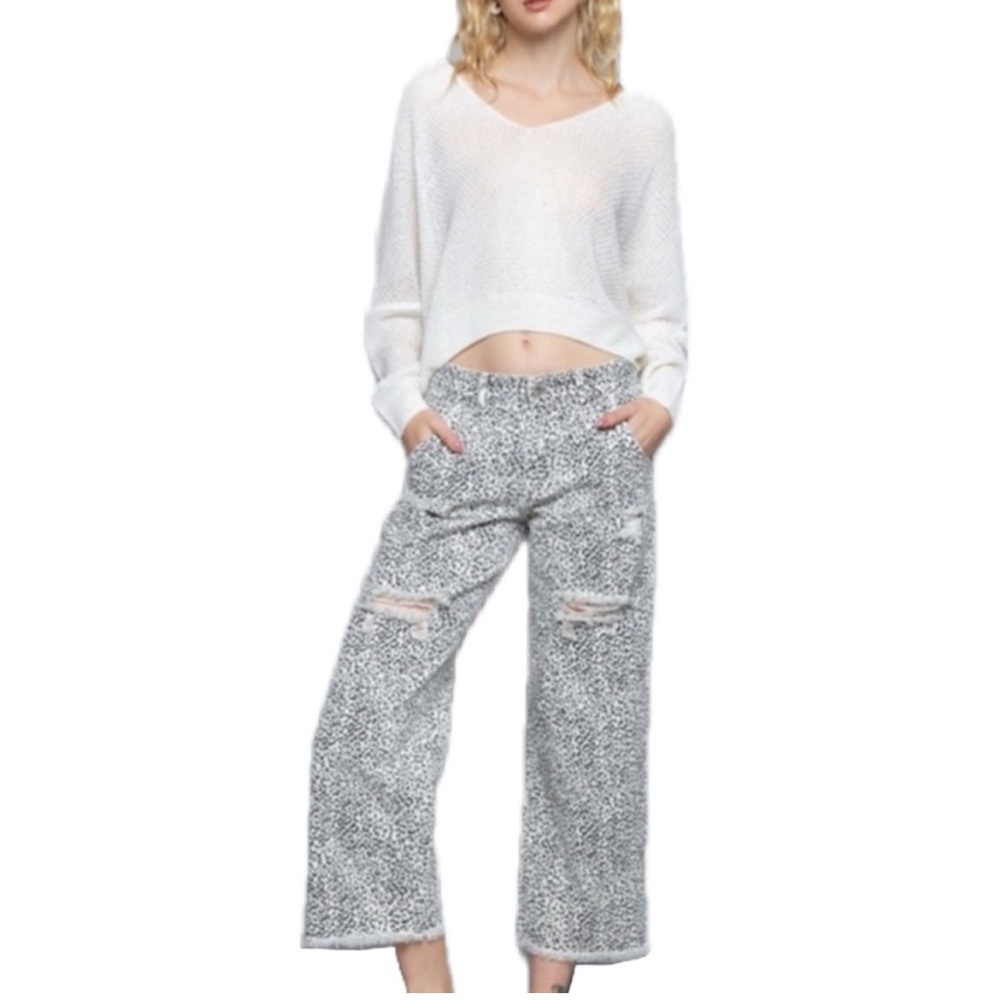 POL Distressed Wide Leg Leopard Denim Pants